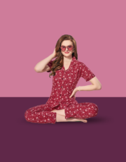 Red, 100% Hosiery Cotton, Two Side Pocket  Night Suit