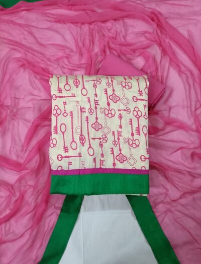 Off-White/Magenta, Chanderi, Printed, Unstitched Suit