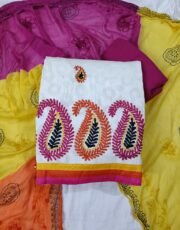 Off-white/Magenta, Chanderi, Thread Work (Kolkata work), Unstitched suit