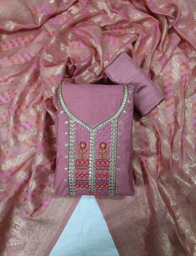 Reddish Pink, Roman Silk, Gotta Patti work, Unstitched Suit