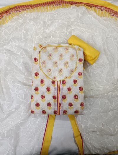 White, Cotton Chanderi, Thread Work and Printed Unstitched Suit