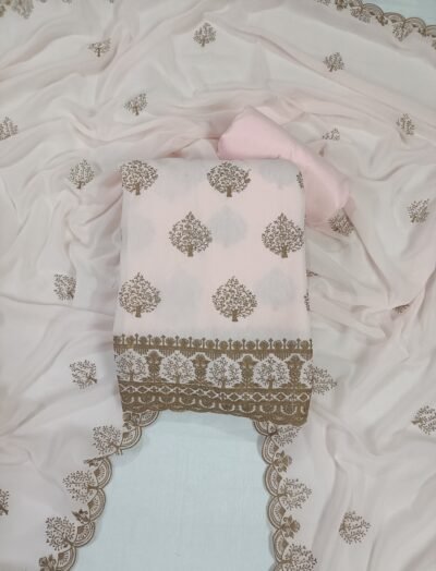 Peach, Georgette with Lining, Thread Work Unstitched Suit