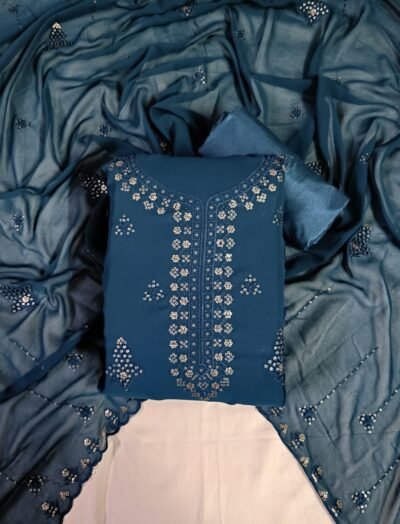 Ink Blue, Georgette with Lining, Thread and Sequence Work Unstitched Suit