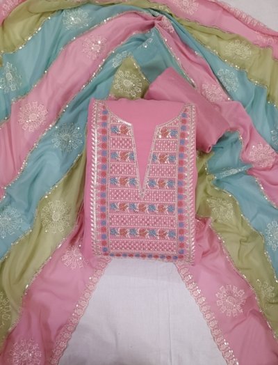 Pink Georgette with Lining Thread and Sequence Work Unstitched Suit