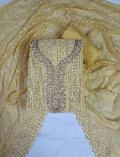 Yellow, Georgette with Lining, Chicken/Lucknowi Unstitched Suit
