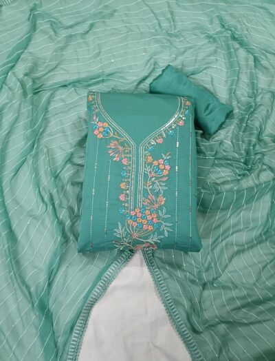 Turquoise, Jam Cotton, Thread and Zari Work Unstitched Suit