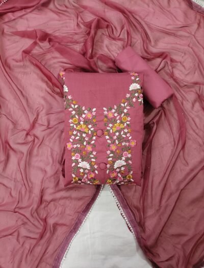 Reddish Pink, Roman Silk, Thread Work Unstitched Suit