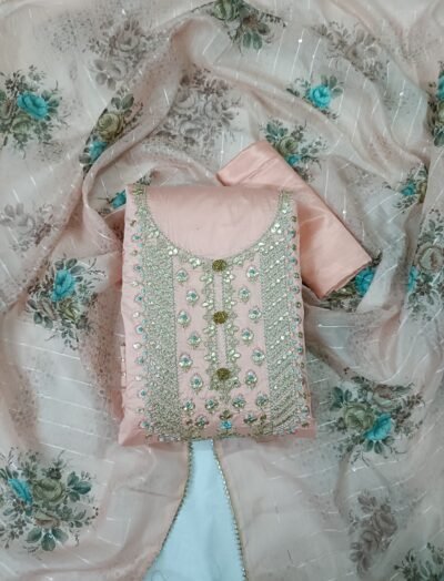 Peach, Jam Cotton, Gota Patti and Sequence Work Unstitched Suit