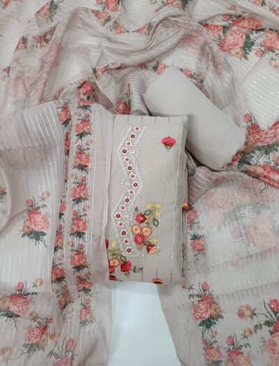 Beigh, Organza, Thread & Sequence Work Unstitched Suit