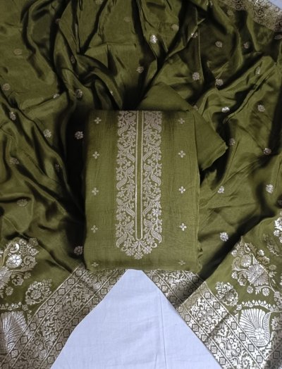Green, Pure Crepe, Banarasi Work Unstitched Suit