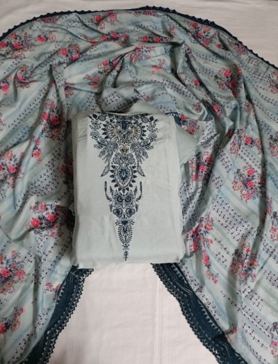 Grey, Crepe, Thread Work Unstitched Suit