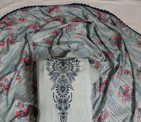 Grey, Crepe, Thread Work Unstitched Suit