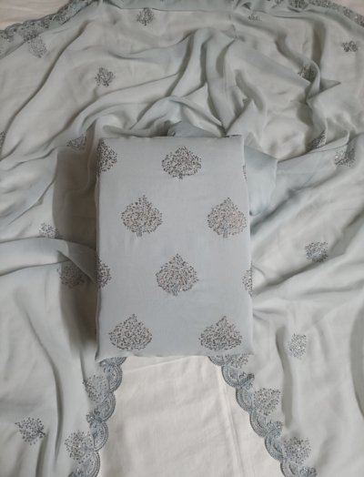 Grey, Georgette with Lining, Thread and Zari Work Unstitched Suit