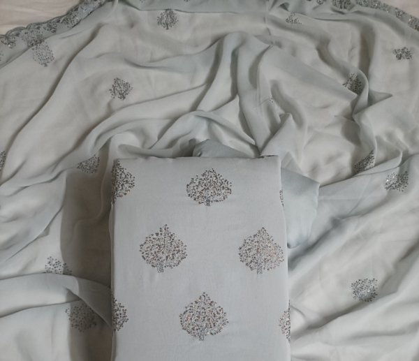 Grey, Georgette with Lining, Thread and Zari Work Unstitched Suit