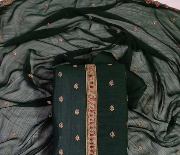 Green, Chiffon with Lining, Thread Work, Unstitched Suit