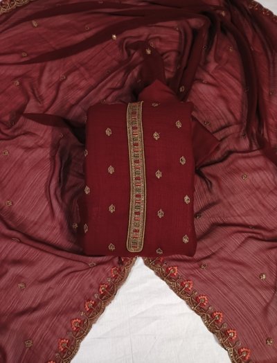 Maroon, Chiffon with Lining, Thread Work Unstitched Suit