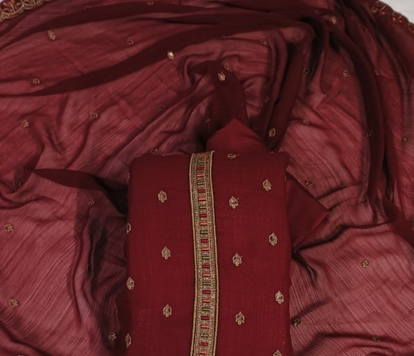 Maroon, Chiffon with Lining, Thread Work Unstitched Suit